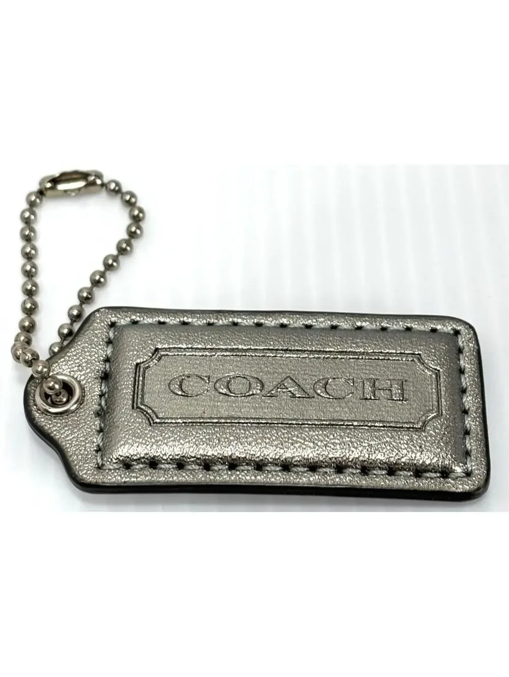 Coach Silver Metallic Leather Keychain Bag Charm Purse Chain Hang Tag Accessory